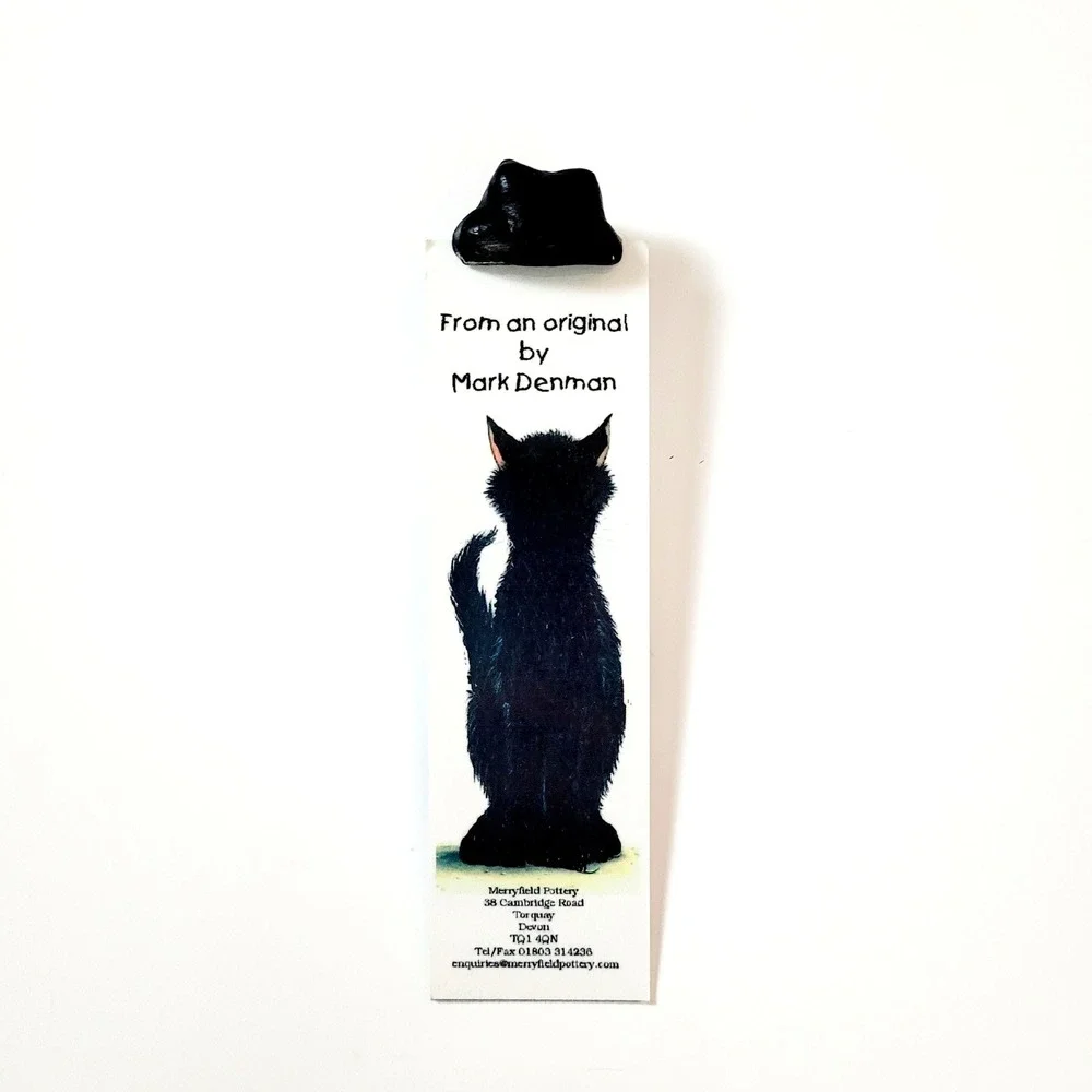 Vintage 90s Merryfield Pottery bookmark- black tuxedo cat- Mark Denman- Devon UK